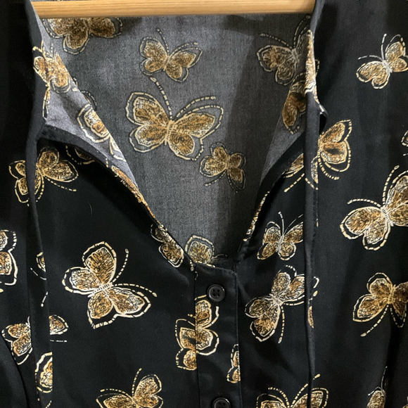 Unique Vintage Black gold butterfly print boho blouse tie front flutter sleeves - Picture 4 of 8